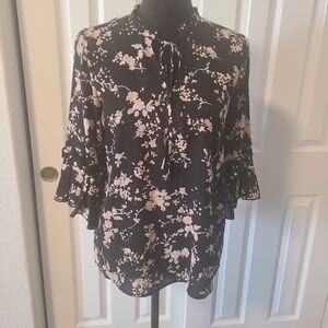 Black Foral Blouse with pearl cuff details
